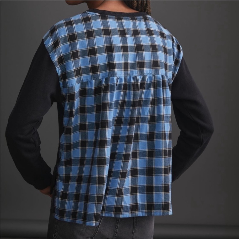 NWT ANTHROPOLOGIE PILCRO Black & Blue Plaid Contrast Long Sleeve Top
